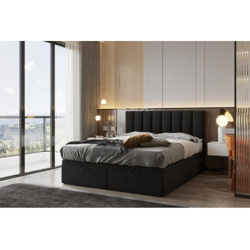 Lit Boxspring 140x200 Cm Bond Avec Rangement Et Matelas Ressorts Ensachés En Tissu Velours Noir