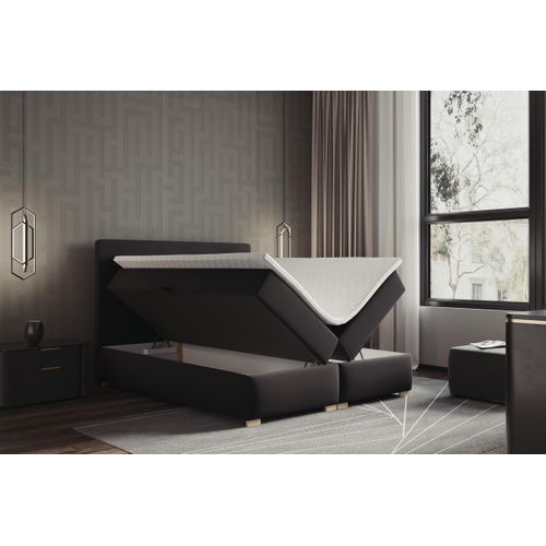 Lit Boxspring 140x200 Cm Lupin Avec Matelas Ressorts Intégrés, Rangement, Surmatelas En Velours Noir