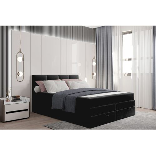 Lit Boxspring 160x200 Cm Prado Avec Rangement Et Matelas Ressorts Ensachés En Velours Noir