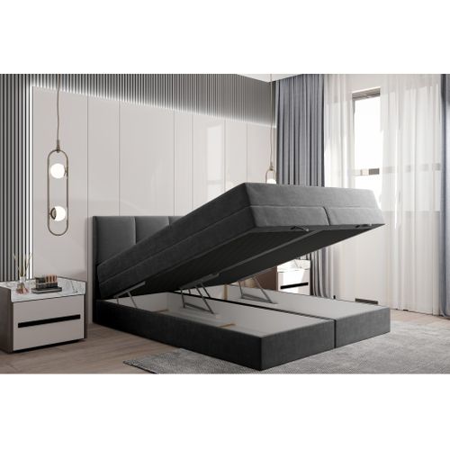 Lit Boxspring 200x200 Cm Prado Avec Rangement Et Matelas Ressorts Ensachés En Velours Gris Foncé
