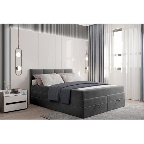 Lit Boxspring 200x200 Cm Prado Avec Rangement Et Matelas Ressorts Ensachés En Velours Gris Foncé