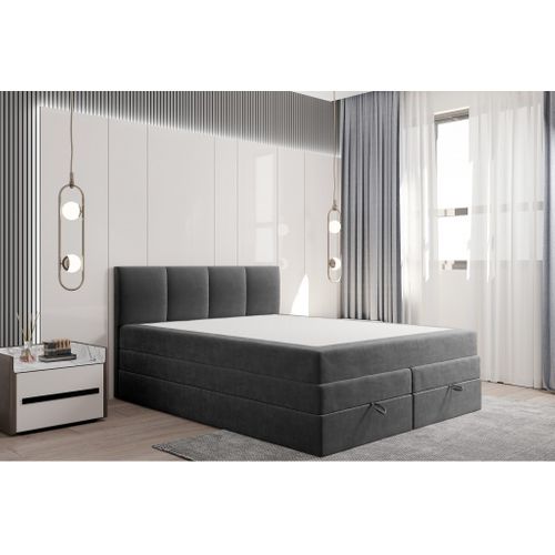 Lit Boxspring 200x200 Cm Prado Avec Rangement Et Matelas Ressorts Ensachés En Velours Gris Foncé