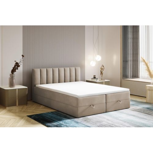 Ensemble 160x200 Cm City Avec Matelas Ressorts Intégrés, Rangement, Surmatelas En Velours Beige