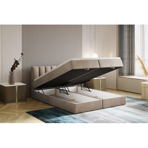 Ensemble 180x200 Cm City Avec Matelas Ressorts Intégrés, Rangement, Surmatelas En Velours Beige