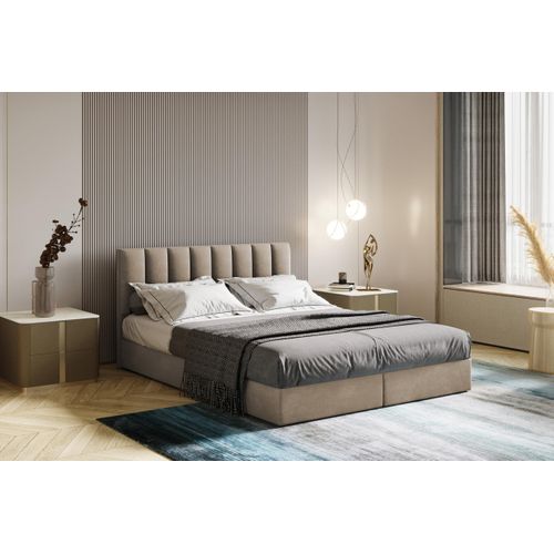 Ensemble 180x200 Cm City Avec Matelas Ressorts Intégrés, Rangement, Surmatelas En Velours Beige
