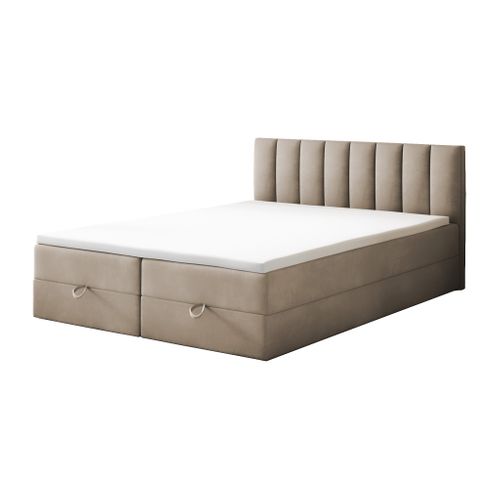 Ensemble 180x200 Cm City Avec Matelas Ressorts Intégrés, Rangement, Surmatelas En Velours Beige