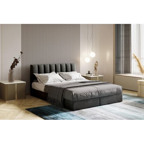 Lit Boxspring 200x200 Cm City Matelas Ressorts Intégrés, Rangement, Surmatelas, Velours Gris Foncé