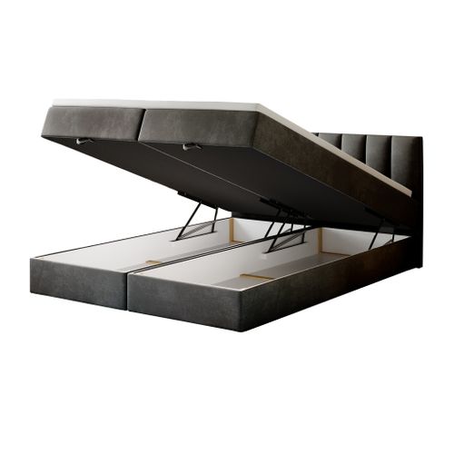 Lit Boxspring 200x200 Cm City Matelas Ressorts Intégrés, Rangement, Surmatelas, Velours Gris Foncé
