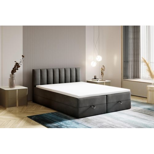 Lit Boxspring 160x200 Cm City Matelas Ressorts Intégrés, Rangement, Surmatelas, Velours Gris Foncé