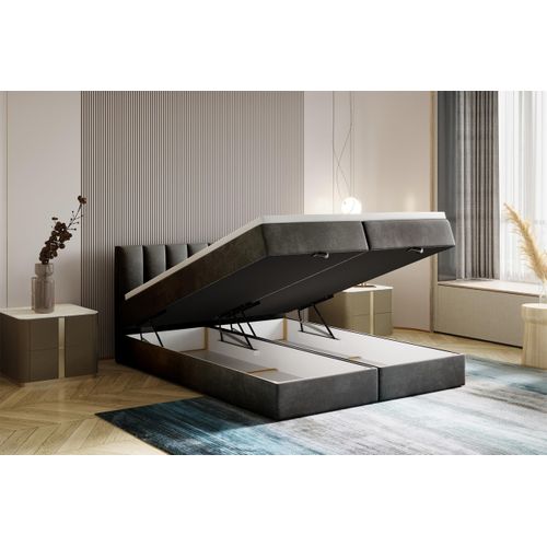 Lit Boxspring 160x200 Cm City Matelas Ressorts Intégrés, Rangement, Surmatelas, Velours Gris Foncé