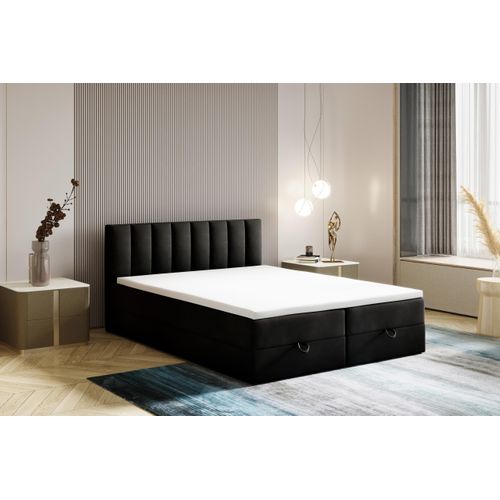 Lit Boxspring 160x200 Cm City Avec Matelas Ressorts Intégrés, Rangement, Surmatelas En Velours Noir