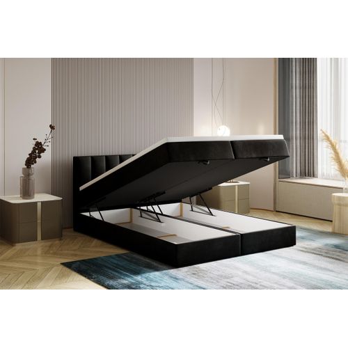 Lit Boxspring 160x200 Cm City Avec Matelas Ressorts Intégrés, Rangement, Surmatelas En Velours Noir