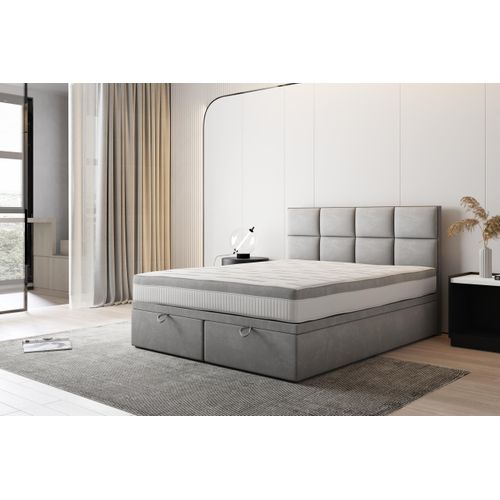 Lit Adulte 180x200 Cm Tropea Rangement Et Matelas Ressorts Ensachés En Tissu Velours Gris