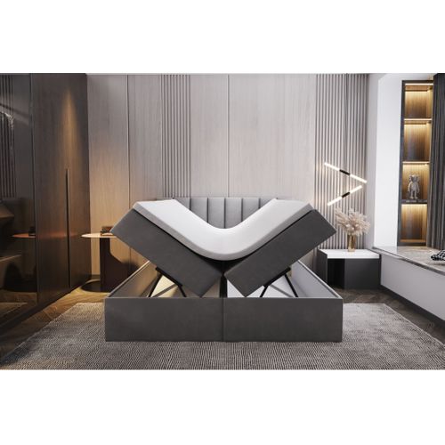 Lit Adulte 200x200 Cm Palermo Avec Matelas Ressorts Intégrés, Rangement, Surmatelas En Velours Gris