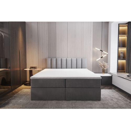 Lit Adulte 200x200 Cm Palermo Avec Matelas Ressorts Intégrés, Rangement, Surmatelas En Velours Gris