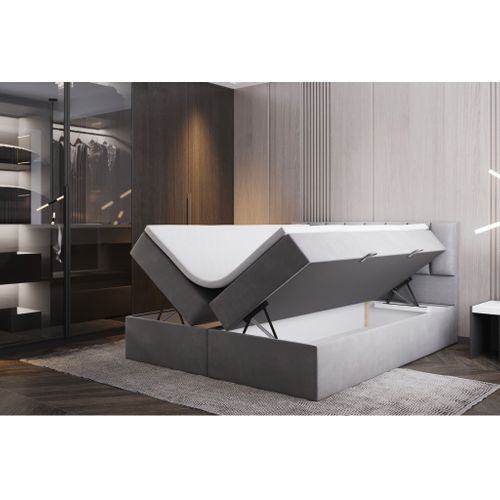 Lit Adulte 200x200 Cm Palermo Avec Matelas Ressorts Intégrés, Rangement, Surmatelas En Velours Gris