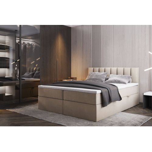 Ensemble 200x200 Cm Palermo Avec Matelas Ressorts Intégrés, Rangement, Surmatelas En Velours Beige