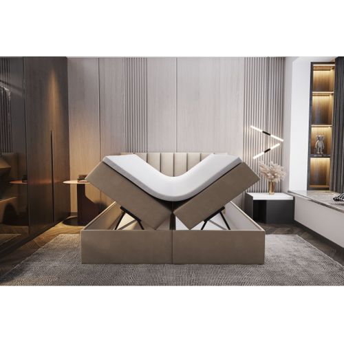 Ensemble 200x200 Cm Palermo Avec Matelas Ressorts Intégrés, Rangement, Surmatelas En Velours Beige