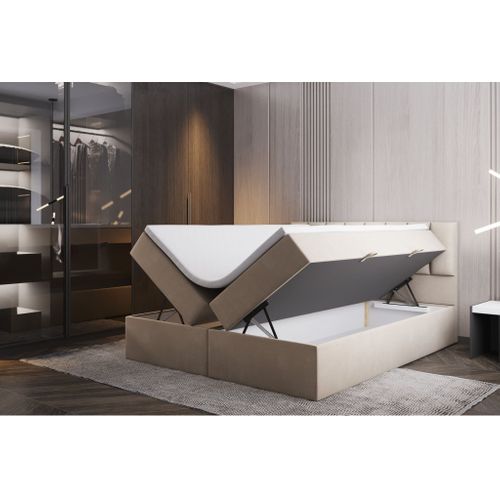 Ensemble 200x200 Cm Palermo Avec Matelas Ressorts Intégrés, Rangement, Surmatelas En Velours Beige