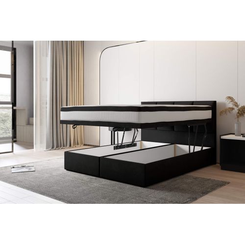 Lit Boxspring 160x200 Cm Tropea Rangement Et Matelas Ressorts Ensachés En Tissu Velours Noir