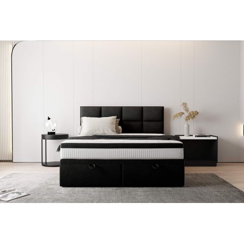 Lit Boxspring 200x200 Cm Tropea Rangement Et Matelas Ressorts Ensachés En Tissu Velours Noir