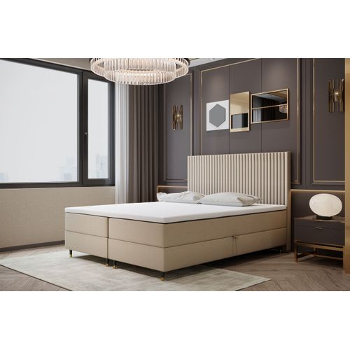 Ensemble 180x200 Cm Estepona Avec Matelas Ressorts Intégrés, Rangement, Surmatelas En Velours Beige