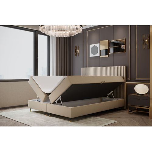 Ensemble 180x200 Cm Estepona Avec Matelas Ressorts Intégrés, Rangement, Surmatelas En Velours Beige