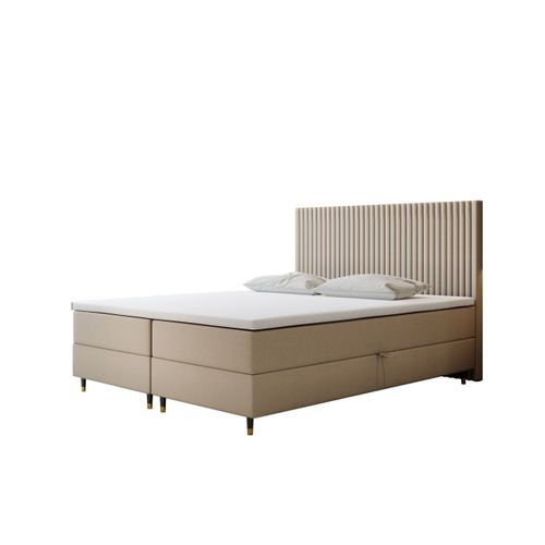 Ensemble 180x200 Cm Estepona Avec Matelas Ressorts Intégrés, Rangement, Surmatelas En Velours Beige