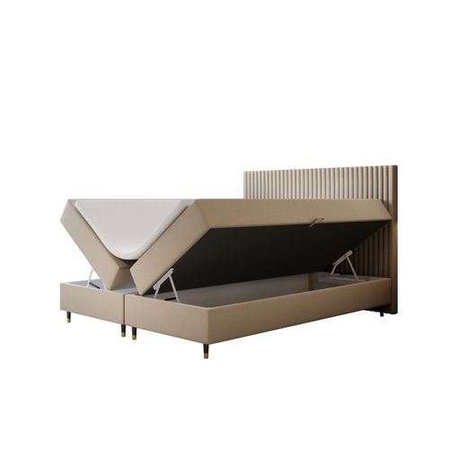 Ensemble 180x200 Cm Estepona Avec Matelas Ressorts Intégrés, Rangement, Surmatelas En Velours Beige