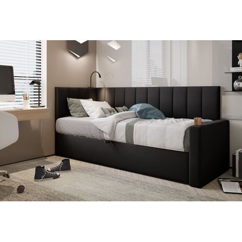 Lit Boxspring 80x200 Cm Tokio Avec Matelas Ressorts Intégré Et Rangement - Noir - Droit
