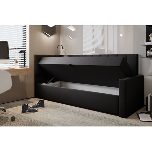 Lit Boxspring 80x200 Cm Tokio Avec Matelas Ressorts Intégré Et Rangement - Noir - Droit
