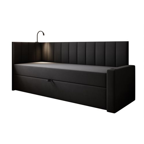 Lit Boxspring 80x200 Cm Tokio Avec Matelas Ressorts Intégré Et Rangement - Noir - Droit