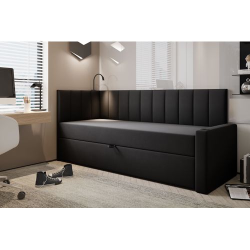 Lit Boxspring 80x200 Cm Tokio Avec Matelas Ressorts Intégré Et Rangement - Noir - Droit