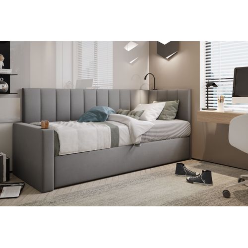 Lit Boxspring 80x200 Cm Tokio Avec Matelas Ressorts Intégré Et Rangement - Gris - Gauche