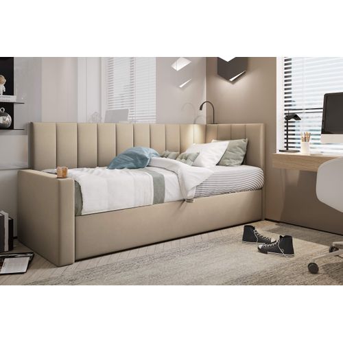 Lit Boxspring 80x200 Cm Tokio Avec Matelas Ressorts Intégré Et Rangement - Beige - Gauche