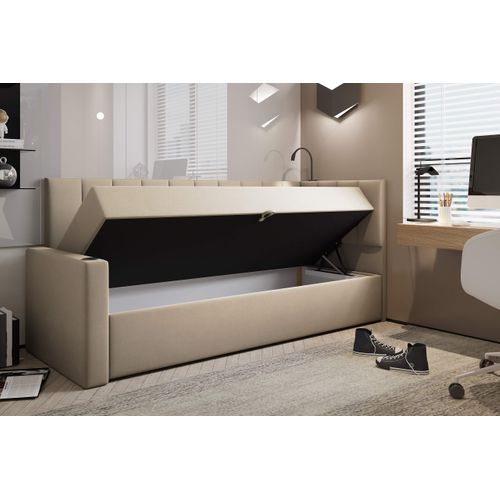 Lit Boxspring 80x200 Cm Tokio Avec Matelas Ressorts Intégré Et Rangement - Beige - Gauche