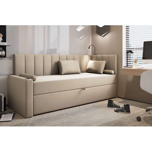Lit Boxspring 80x200 Cm Tokio Avec Matelas Ressorts Intégré Et Rangement - Beige - Gauche