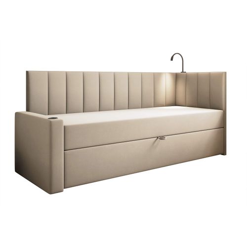 Lit Boxspring 80x200 Cm Tokio Avec Matelas Ressorts Intégré Et Rangement - Beige - Gauche