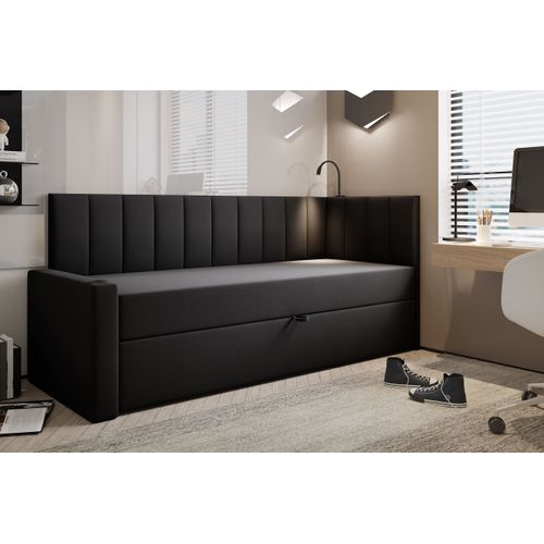 Lit Boxspring 80x200 Cm Tokio Avec Matelas Ressorts Intégré Et Rangement - Noir - Gauche