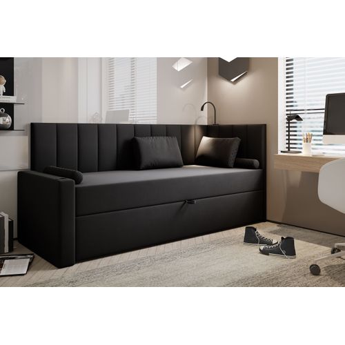 Lit Boxspring 80x200 Cm Tokio Avec Matelas Ressorts Intégré Et Rangement - Noir - Gauche