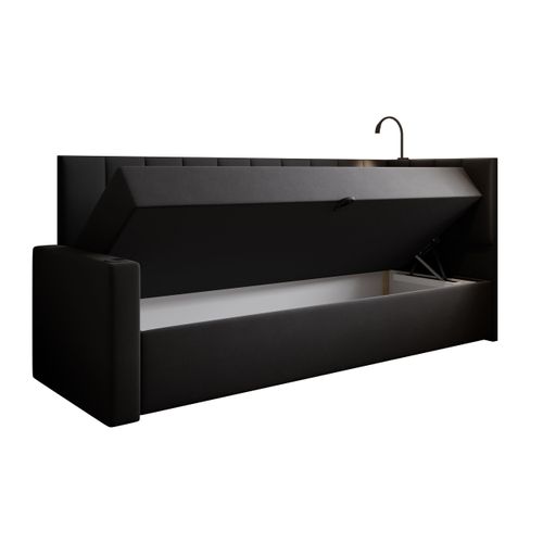 Lit Boxspring 80x200 Cm Tokio Avec Matelas Ressorts Intégré Et Rangement - Noir - Gauche