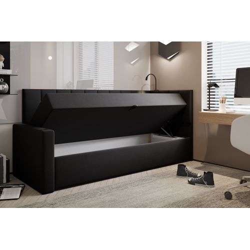 Lit Boxspring 80x200 Cm Tokio Avec Matelas Ressorts Intégré Et Rangement - Noir - Gauche