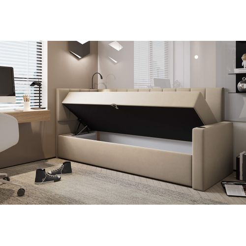 Lit Boxspring 90x200 Cm Tokio Avec Matelas Ressorts Intégré Et Rangement - Beige - Droit