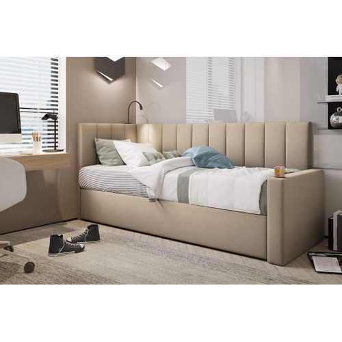 Lit Boxspring 90x200 Cm Tokio Avec Matelas Ressorts Intégré Et Rangement - Beige - Droit
