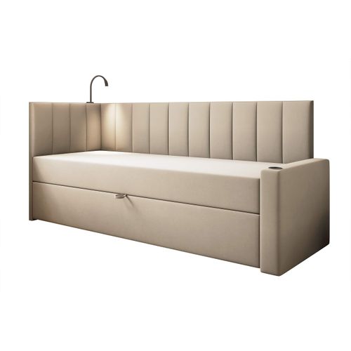 Lit Boxspring 90x200 Cm Tokio Avec Matelas Ressorts Intégré Et Rangement - Beige - Droit