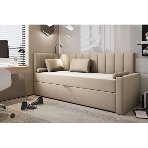 Lit Boxspring 90x200 Cm Tokio Avec Matelas Ressorts Intégré Et Rangement - Beige - Droit