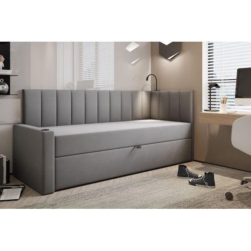 Lit Boxspring 90x200 Cm Tokio Avec Matelas Ressorts Intégré Et Rangement - Gris - Gauche