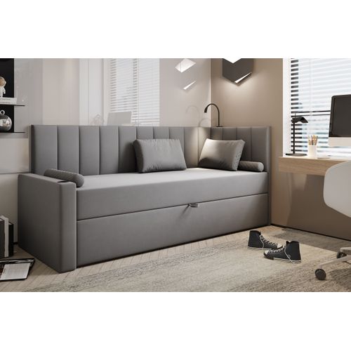 Lit Boxspring 90x200 Cm Tokio Avec Matelas Ressorts Intégré Et Rangement - Gris - Gauche