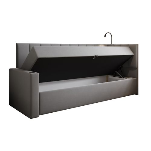 Lit Boxspring 90x200 Cm Tokio Avec Matelas Ressorts Intégré Et Rangement - Gris - Gauche