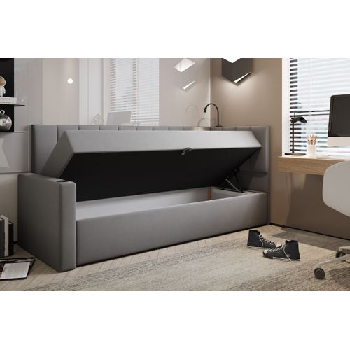 Lit Boxspring 90x200 Cm Tokio Avec Matelas Ressorts Intégré Et Rangement - Gris - Gauche